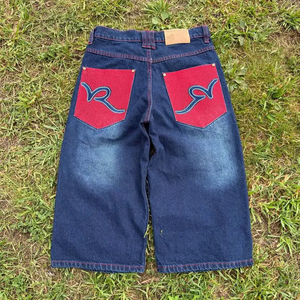 Essential Vintage Rocawear Y2K Baggy Denim Jorts with Embroidered Red Pockets